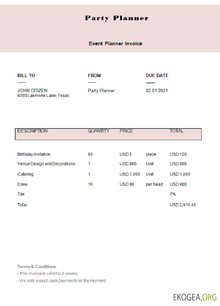 Facture USA Party Planner